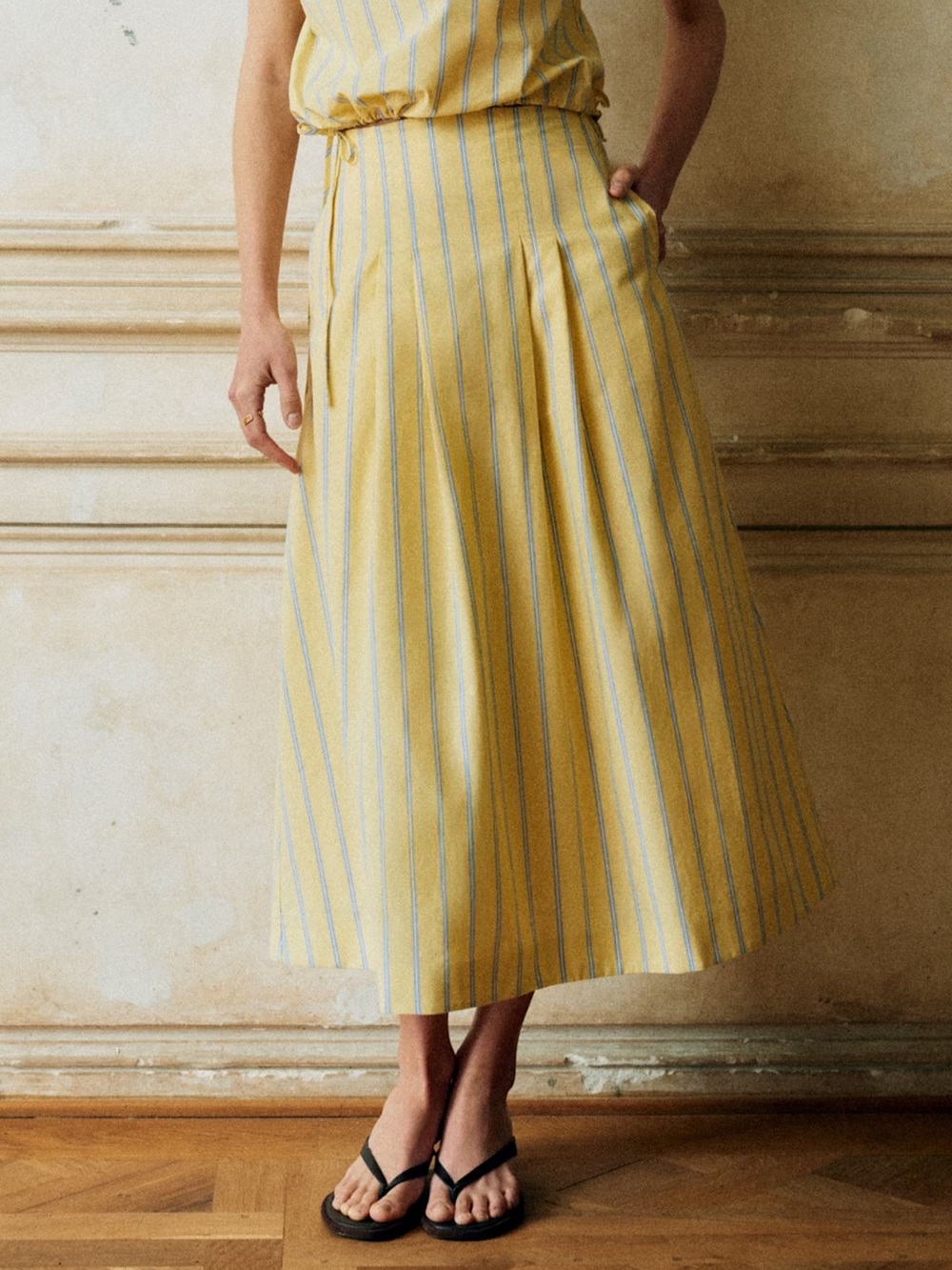 Sezane Yellow and Light Blue Striped Midi Skirt